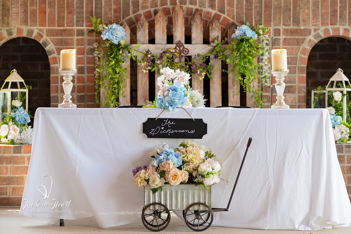 beautiful blue and white decorations on table at wedding in Louisiana